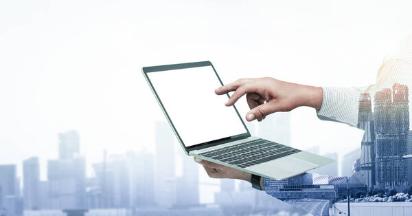 Double Exposure Image of Businessman Use Computer