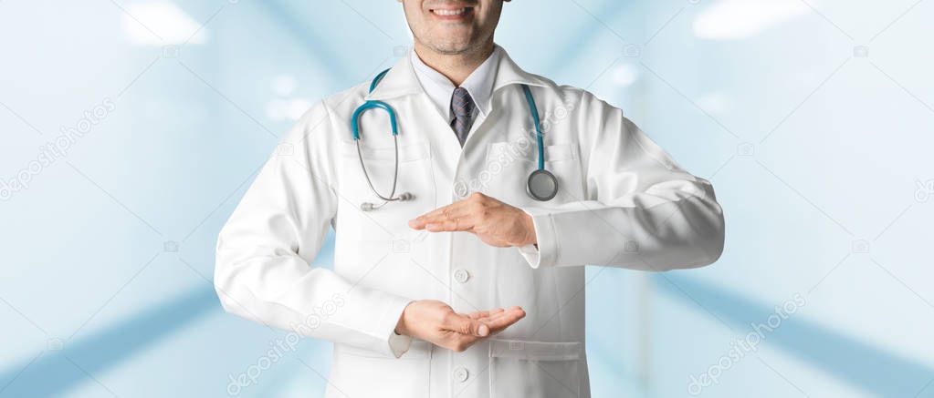Doctor open hands for your text banner design.