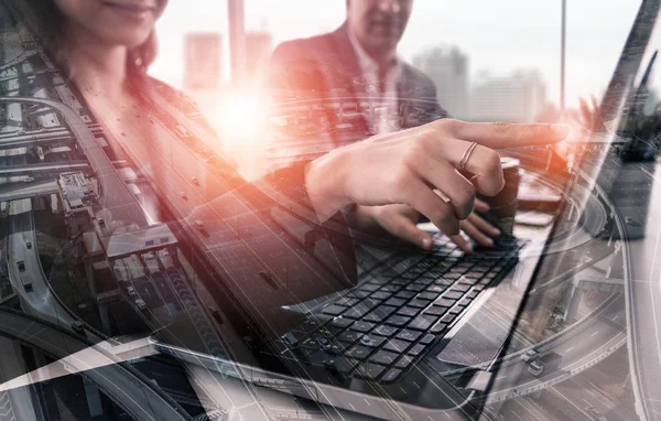 Double Exposure Image of Business Group Meeting — Stock Photo, Image