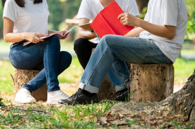 Üniversite veya okul parkında bir grup projesinde okuyan genç öğrencilerden oluşan ekip. Mutlu öğrenme, topluluk takım çalışması ve gençlik arkadaşlık konsepti.