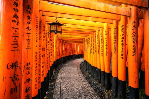 Portas vermelhas do Torii em Fushimi Inari em Kyoto, Japão . — Fotografia de Stock