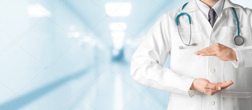 Doctor open hands for your text banner design.