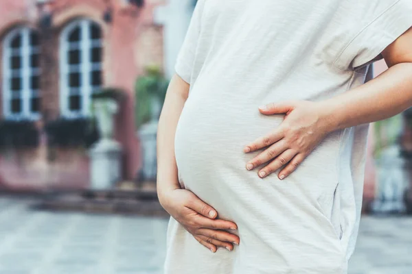 Mujer embarazada feliz y esperando un bebé en casa. — Foto de Stock