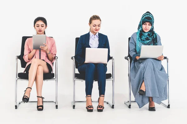 Business people job applicants waiting on chairs.