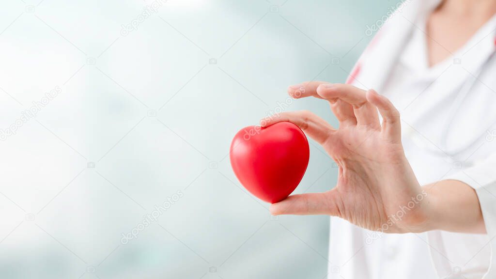 Doctor holding a red heart at hospital office.