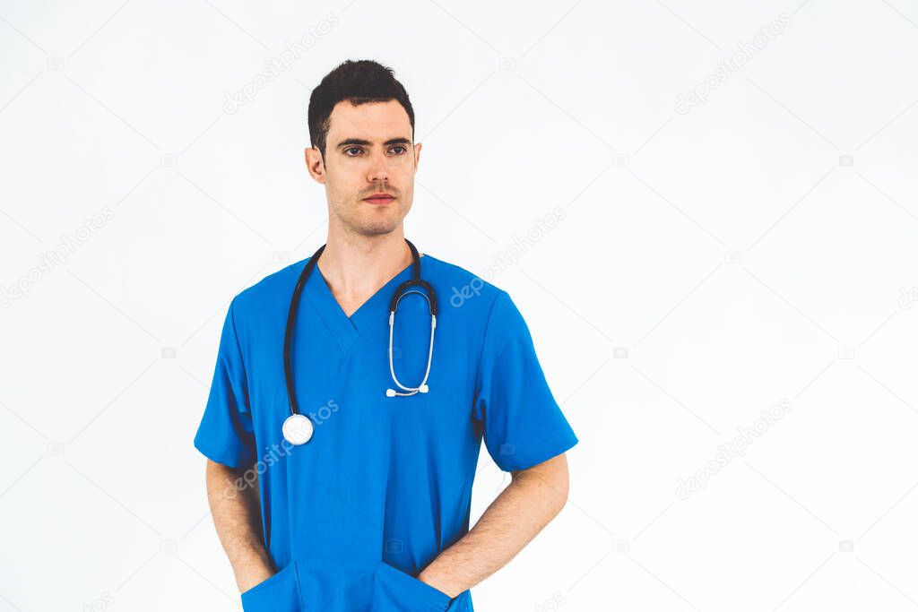 Doctor in hospital uniform on white background.