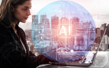 AI Öğrenme ve Yapay Zeka Kavramı - Bilgisayar, makine düşünme ve Dijital Robot Aygıtların Yapay Zeka Arayüzünü gösteren Simge Grafiksel Arayüzü.