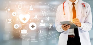 Tıbbi sağlık kavramı - doktor hastane ilaç, tıbbi bakım insanlar, acil servis ağı, hastanın sağlık doktor veri dijital tıbbi simgeleri grafik afiş gösteren sembolü ile.