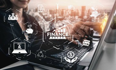 Finans ve Para İşlem Teknolojisi Konsepti. Modern bilgisayar uygulamasında fintech ticaret alışverişini, kar istatistik analizini ve pazar analisti hizmetini gösteren simge grafik arayüzü.
