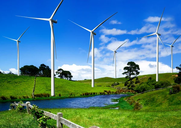 Wind turbine farm in beautiful nature landscape.