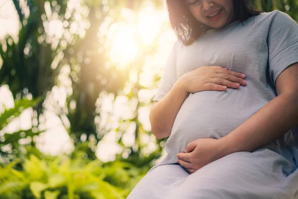 妊娠中の女性は子供の世話をしながら家で幸せを感じています 妊婦のお腹に赤ちゃんを抱えている若い母親 産前産後ケアと女性妊娠の概念 — ストック写真