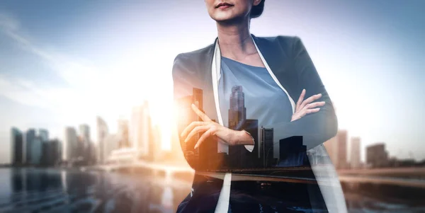 Dubbele Exposure Image Business Person Modern City Background Toekomstig Concept — Stockfoto