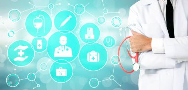 Tıbbi sağlık kavramı - doktor hastane ilaç, tıbbi bakım insanlar, acil servis ağı, hastanın sağlık doktor veri dijital tıbbi simgeleri grafik afiş gösteren sembolü ile.