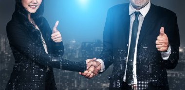 Double exposure image of business people handshake on city office building in background showing partnership success of business deal. Concept of corporate teamwork, trust partner and work agreement. clipart