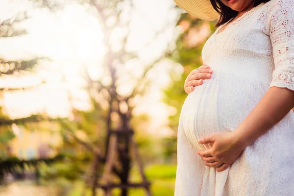 妊娠中の女性は子供の世話をしながら庭の家で新しい生活に満足しています 妊婦のお腹に赤ちゃんを抱えている若い母親 産前産後ケアと女性妊娠の概念 — ストック写真