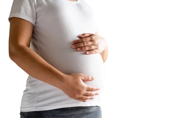 Feliz Mujer Embarazada Cuidando Hijo Aislado Sobre Fondo Blanco Joven — Foto de Stock