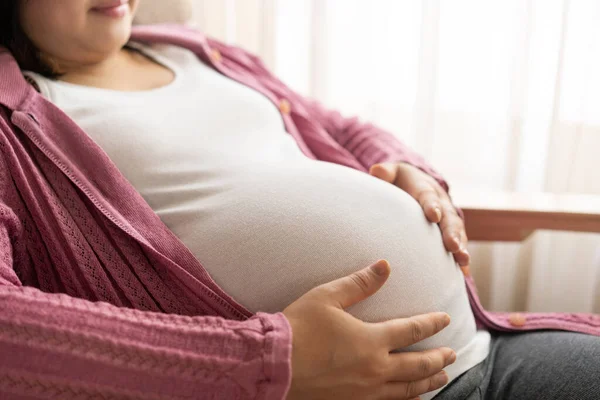 Mujer Embarazada Sintiéndose Feliz Casa Mientras Cuida Hijo —  Fotos de Stock