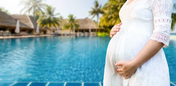 Pregnant Woman Feeling Happy New Life Beach Summer Travel While — Stock Photo, Image