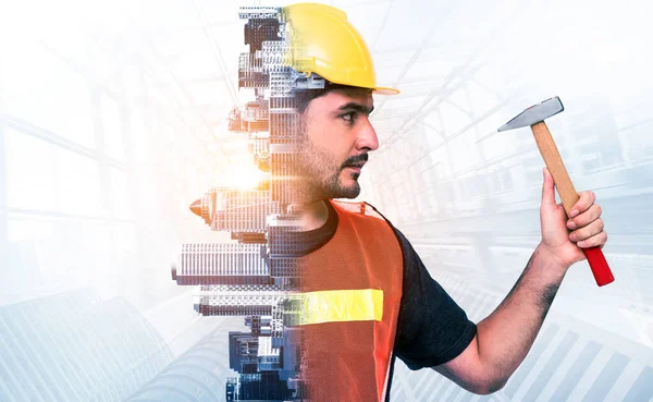 Future building construction engineering project concept with double exposure graphic design. Building engineer, architect people or construction worker working with modern civil equipment technology.