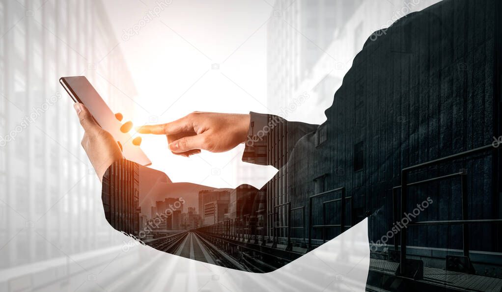 Double Exposure Image of Business Communication Network Technology Concept - Business people using smartphone or mobile phone device on modern cityscape background.