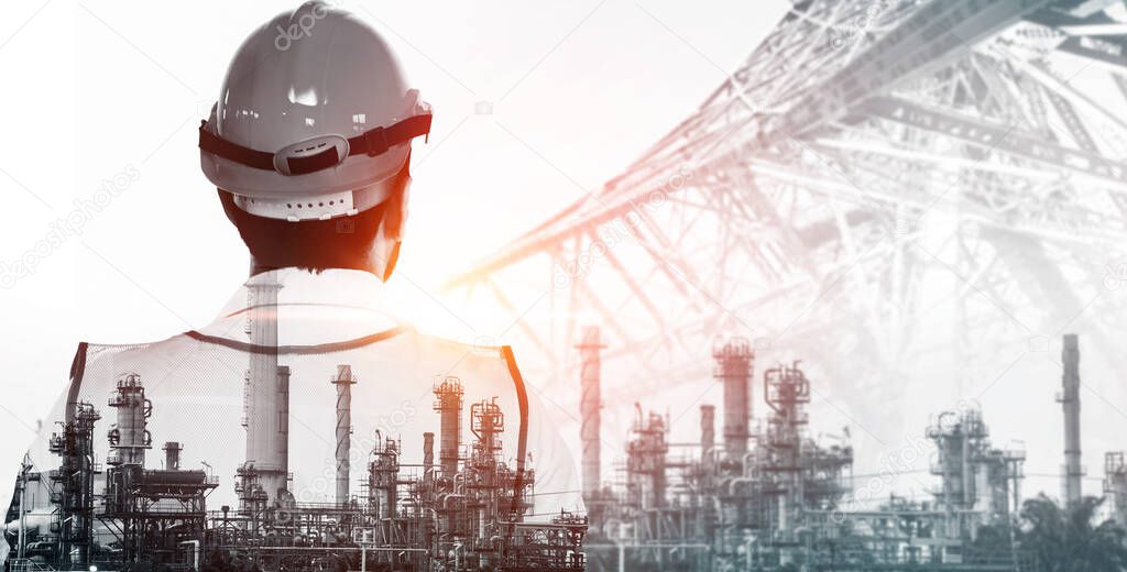Future factory plant and energy industry concept in creative graphic design. Oil, gas and petrochemical refinery factory with double exposure arts showing next generation of power and energy business.