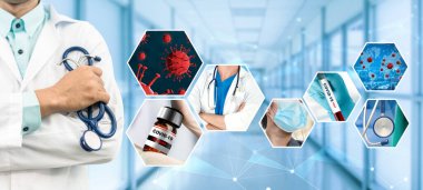 Coronavirus COVID-19 fotoğraf pankartı, covid-19 veya 2019 Coronavirus Hastalığını önlemek, tedavi etmek ve tedavi etmek için ilaç, aşı ve doktor hizmetleri de dahil olmak üzere tıbbi tedavi kavramını içermektedir..