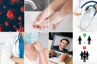 Coronavirus COVID-19 görüntü pankartı güvenlik önlemi ve covid-19 ya da 2019 Coronavirus hastalığının yayılmasını önlemek için doktor hizmeti de dahil olmak üzere önleme bilgisi kavramına yerleştirildi.