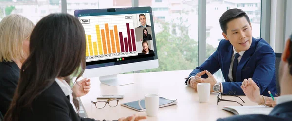 Groupe Appels Vidéo Gens Affaires Réunissant Sur Lieu Travail Virtuel — Photo