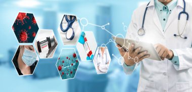 Coronavirus COVID-19 fotoğraf pankartı, covid-19 veya 2019 Coronavirus Hastalığını önlemek, tedavi etmek ve tedavi etmek için ilaç, aşı ve doktor hizmetleri de dahil olmak üzere tıbbi tedavi kavramını içermektedir..