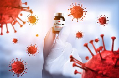 Coronavirus COVID 19 tıbbi test aşısı araştırma ve geliştirme konsepti. COVID-19 için ilaç tedavisi üretmek üzere Coronavirus antikor bilimsel örneklerini inceleyen ve analiz eden bilim insanları.