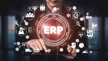 Enterprise Resource Management ERP software system for business resources plan presented in modern graphic interface showing future technology to manage company enterprise resource. clipart