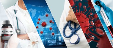 Coronavirus COVID-19 fotoğraf pankartı, covid-19 veya 2019 Coronavirus Hastalığını önlemek, tedavi etmek ve tedavi etmek için ilaç, aşı ve doktor hizmetleri de dahil olmak üzere tıbbi tedavi kavramını içermektedir..