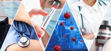 Coronavirus COVID-19 fotoğraf pankartı, covid-19 veya 2019 Coronavirus Hastalığını önlemek, tedavi etmek ve tedavi etmek için ilaç, aşı ve doktor hizmetleri de dahil olmak üzere tıbbi tedavi kavramını içermektedir..