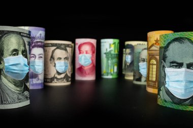 Uluslararası para birimleri arasında ABD Doları, Euro Para Birimi, British UK Pound, Australian Dollar, China Yuan ve Japan Yen Coronavirus hastalığı COVID-19 ekonomik kriz maskesiyle karşı karşıya.