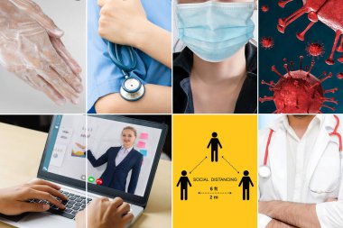 Coronavirus COVID-19 görüntü pankartı güvenlik önlemi ve covid-19 ya da 2019 Coronavirus hastalığının yayılmasını önlemek için doktor hizmeti de dahil olmak üzere önleme bilgisi kavramına yerleştirildi.