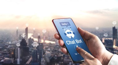 Al Chatbot akıllı dijital müşteri hizmetleri uygulaması konsepti. Yapay zeka sohbet botu otomatik mesajı kullanan bilgisayar veya mobil aygıt uygulaması müşterilere anında yardım etmek için çevrimiçi yanıt verir.