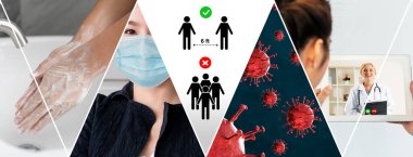 Coronavirus COVID-19 görüntü pankartı güvenlik önlemi ve covid-19 ya da 2019 Coronavirus hastalığının yayılmasını önlemek için doktor hizmeti de dahil olmak üzere önleme bilgisi kavramına yerleştirildi.