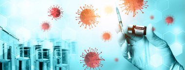 Coronavirus COVID 19 tıbbi test aşısı araştırma ve geliştirme konsepti. COVID-19 için ilaç tedavisi üretmek üzere Coronavirus antikor bilimsel örneklerini inceleyen ve analiz eden bilim insanları.