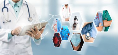 Coronavirus COVID-19 fotoğraf pankartı, covid-19 veya 2019 Coronavirus Hastalığını önlemek, tedavi etmek ve tedavi etmek için ilaç, aşı ve doktor hizmetleri de dahil olmak üzere tıbbi tedavi kavramını içermektedir..