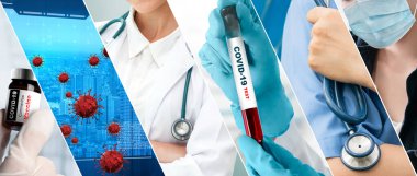 Coronavirus COVID-19 fotoğraf pankartı, covid-19 veya 2019 Coronavirus Hastalığını önlemek, tedavi etmek ve tedavi etmek için ilaç, aşı ve doktor hizmetleri de dahil olmak üzere tıbbi tedavi kavramını içermektedir..