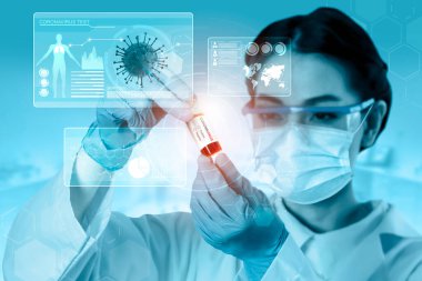 Coronavirus COVID 19 tıbbi test aşısı araştırma ve geliştirme konsepti. COVID-19 için ilaç tedavisi üretmek üzere Coronavirus antikor bilimsel örneklerini inceleyen ve analiz eden bilim insanları.