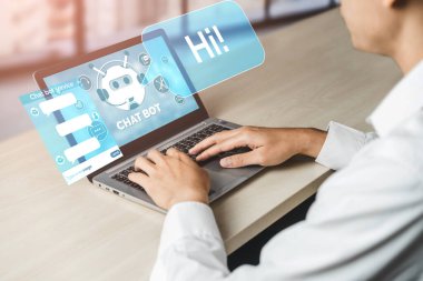 Al Chatbot akıllı dijital müşteri hizmetleri uygulaması konsepti. Yapay zeka sohbet botu otomatik mesajı kullanan bilgisayar veya mobil aygıt uygulaması müşterilere anında yardım etmek için çevrimiçi yanıt verir.