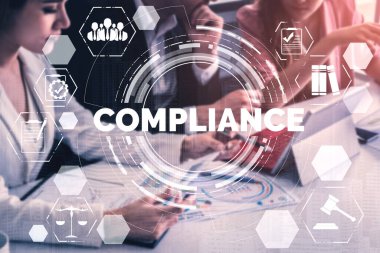 Uluslararası standartları karşılamak için iş kalitesi politika planlaması için uyum kuralı kanunu ve düzenleme grafik arayüzü.