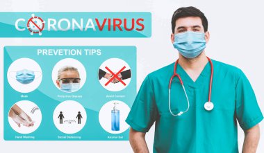 Covid-19 Coronavirus önleme ipuçları insanları covid-19 enfeksiyonundan korumak için kullanılır. Tavsiye arasında sosyal uzaklık, yüz maskesi takmak ve koronavirüsü dezenfekte etmek için hijyen bakımı yer alıyor.