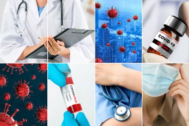 Coronavirus COVID-19 fotoğraf pankartı, covid-19 veya 2019 Coronavirus Hastalığını önlemek, tedavi etmek ve tedavi etmek için ilaç, aşı ve doktor hizmetleri de dahil olmak üzere tıbbi tedavi kavramını içermektedir..