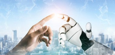 3D Rending gelecekteki robot teknolojisi geliştirme, yapay zeka yapay zeka ve makine öğrenme konsepti. İnsan hayatının geleceği için küresel robot biyonik bilim araştırması.