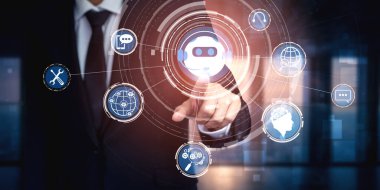 Al Chatbot akıllı dijital müşteri hizmetleri uygulaması konsepti. Yapay zeka sohbet botu otomatik mesajı kullanan bilgisayar veya mobil aygıt uygulaması müşterilere anında yardım etmek için çevrimiçi yanıt verir.