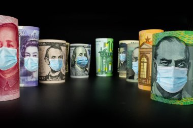 Uluslararası para birimleri arasında ABD Doları, Euro Para Birimi, British UK Pound, Australian Dollar, China Yuan ve Japan Yen Coronavirus hastalığı COVID-19 ekonomik kriz maskesiyle karşı karşıya.