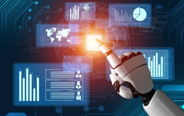 3D Rending gelecekteki robot teknolojisi geliştirme, yapay zeka yapay zeka ve makine öğrenme konsepti. İnsan hayatının geleceği için küresel robot biyonik bilim araştırması.
