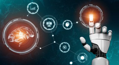 3D Rending gelecekteki robot teknolojisi geliştirme, yapay zeka yapay zeka ve makine öğrenme konsepti. İnsan hayatının geleceği için küresel robot biyonik bilim araştırması.